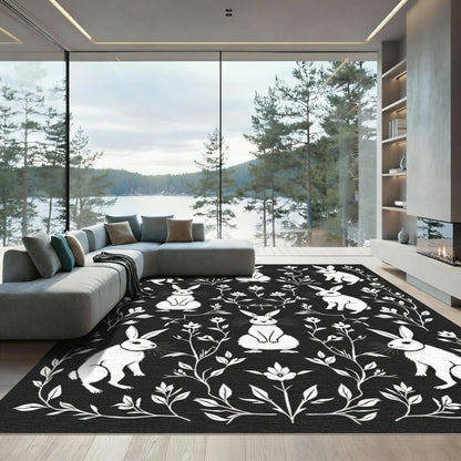 White Bunny Floral Black Statement Rug