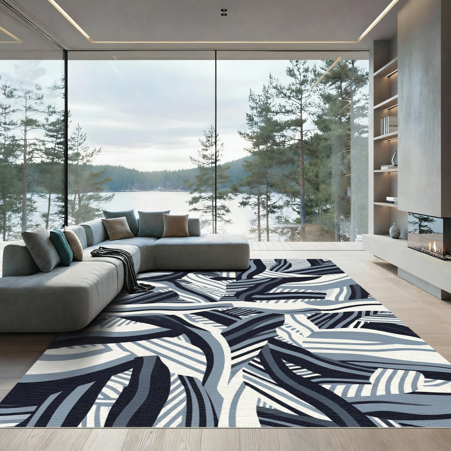 Mono Blue Abstract Ribbon Overlay Rug