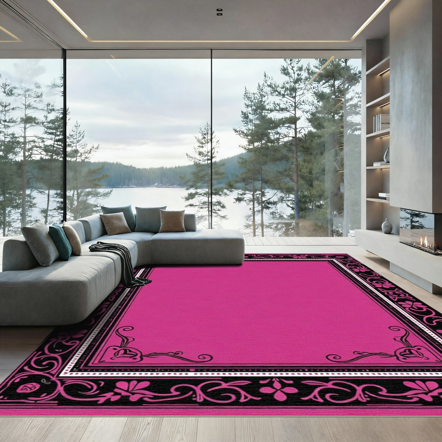 Vibrant Magenta Floral Scroll Frame Rug