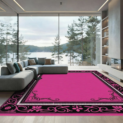 Vibrant Magenta Floral Scroll Frame Rug