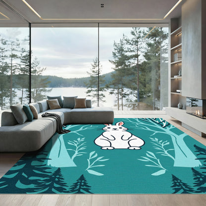 Cute White Bunny Forest Scene Rug