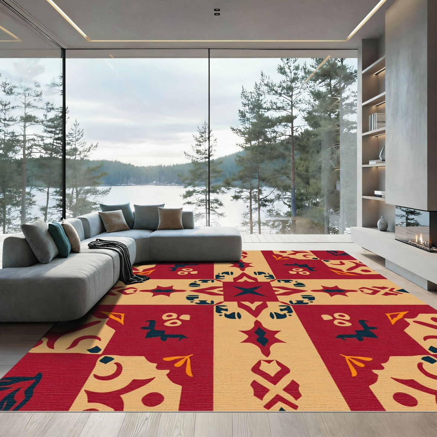 Burgundy Beige Geometric Tile Rug