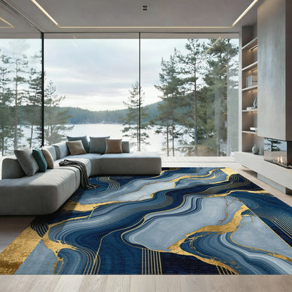 Navy Gold Fluid Wave Rug