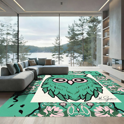 Whimsical Teal Owl Floral Medallion Rug