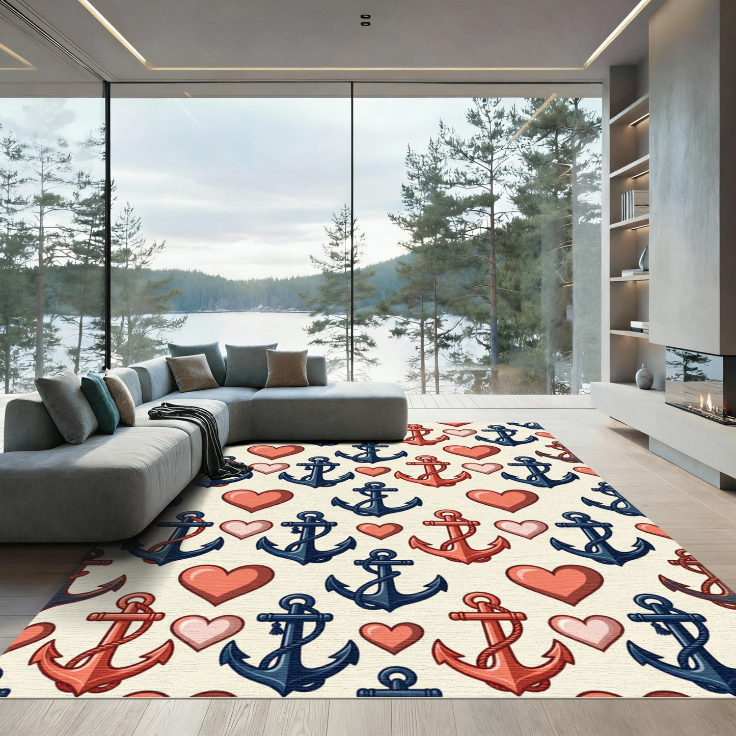 Navy Coral Anchor Heart RepeatingRug Rug