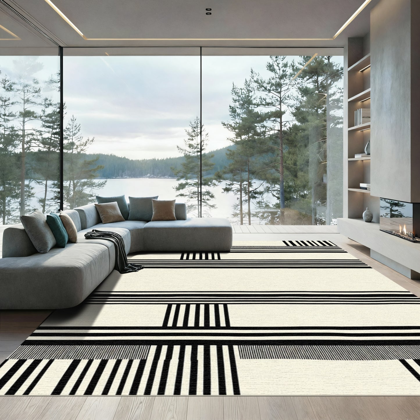 Modern Black White Stripe Geometric Rug