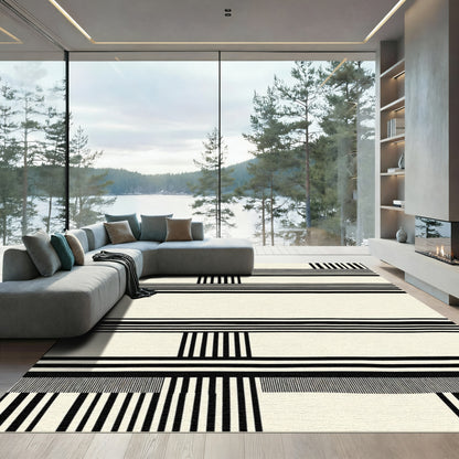 Modern Black White Stripe Geometric Rug