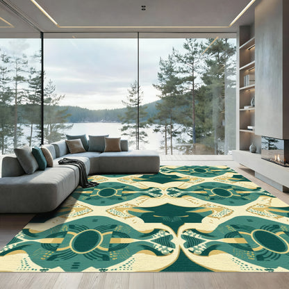 Teal Gold Oval Geometric Mosaic Rug