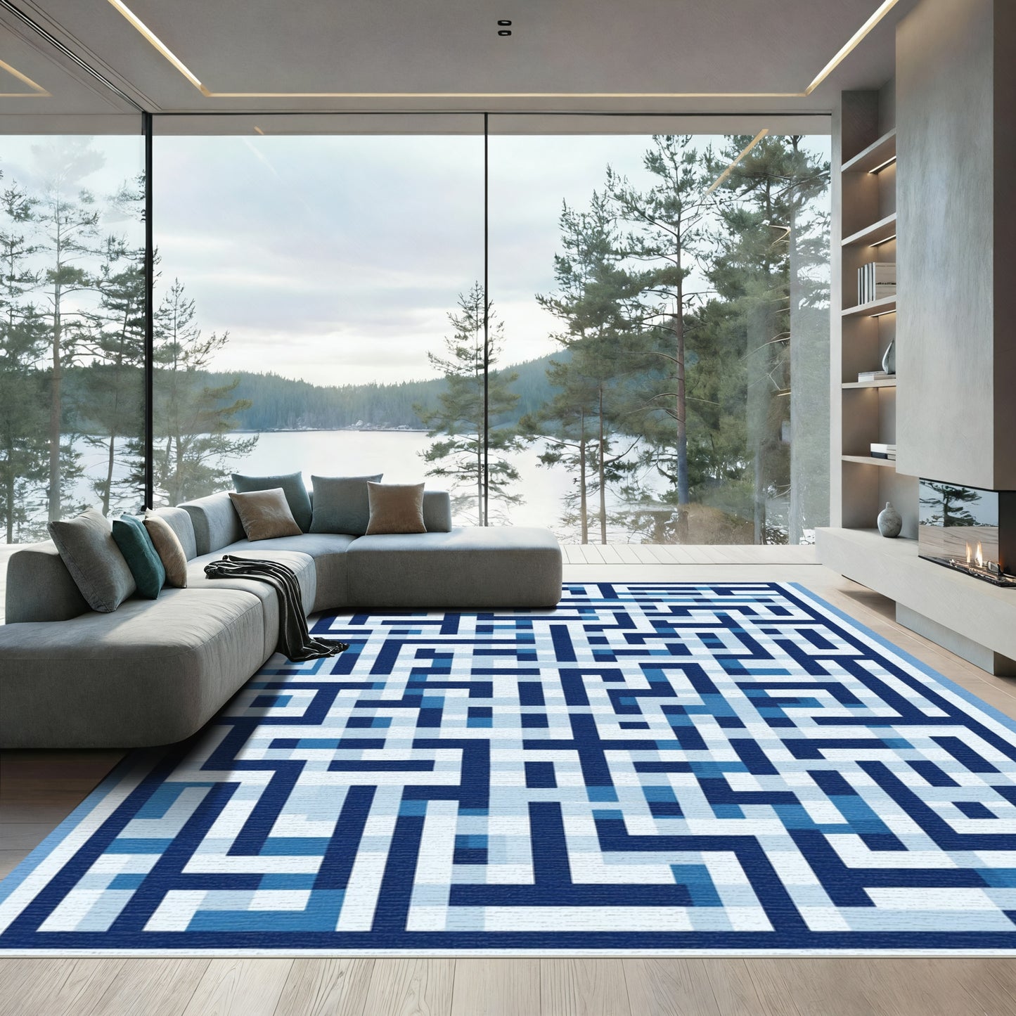 Deep Blue Maze Geometric Arrangement Rug