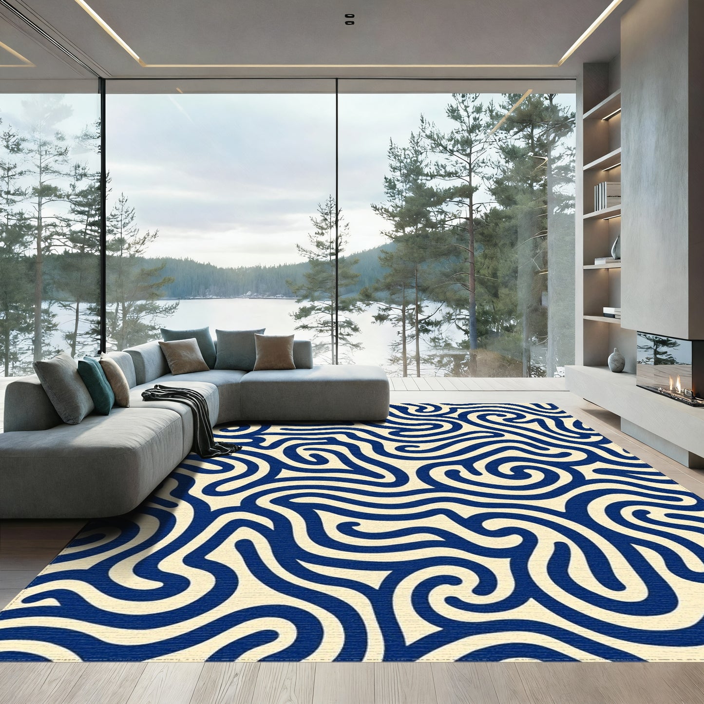 Navy Wavy Curl Fluid Rug
