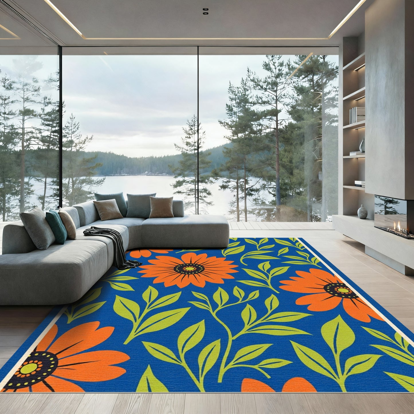 Bold Orange Floral Blue Garden Rug