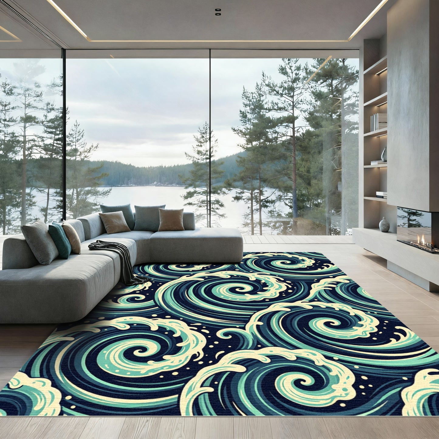 Ocean Swirl Dark Blue Wave Rug