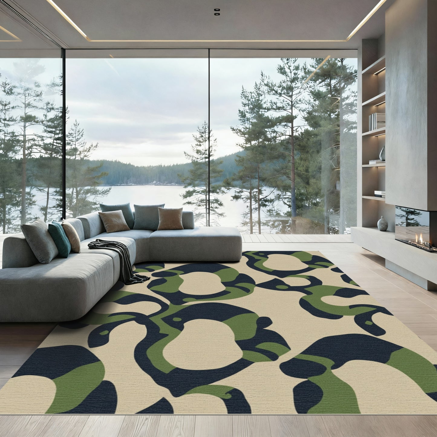 Green Navy Beige Abstract Camouflage Shapes Rug