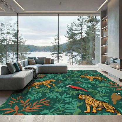 Vibrant Jungle Tiger Parrot Scene Rug