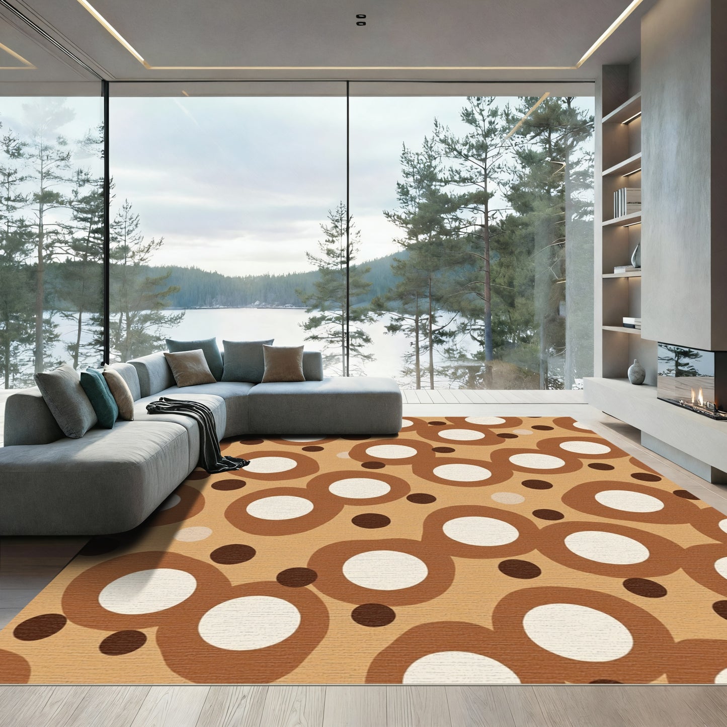 Brown and Cream Abstract Circles Rug