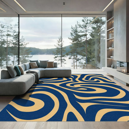 Navy Gold Swirling Abstract Lines Rug