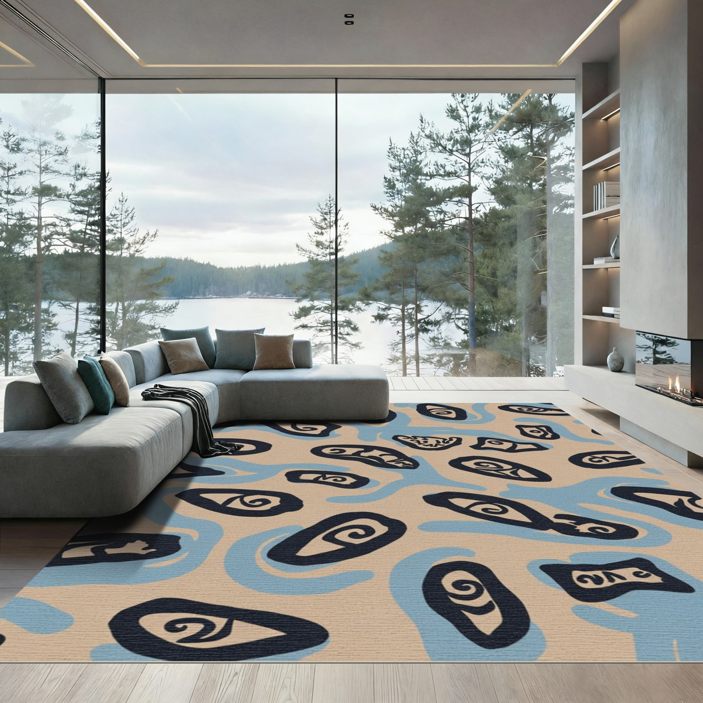 Abstract Swirl Eyes Beige Blue Rug