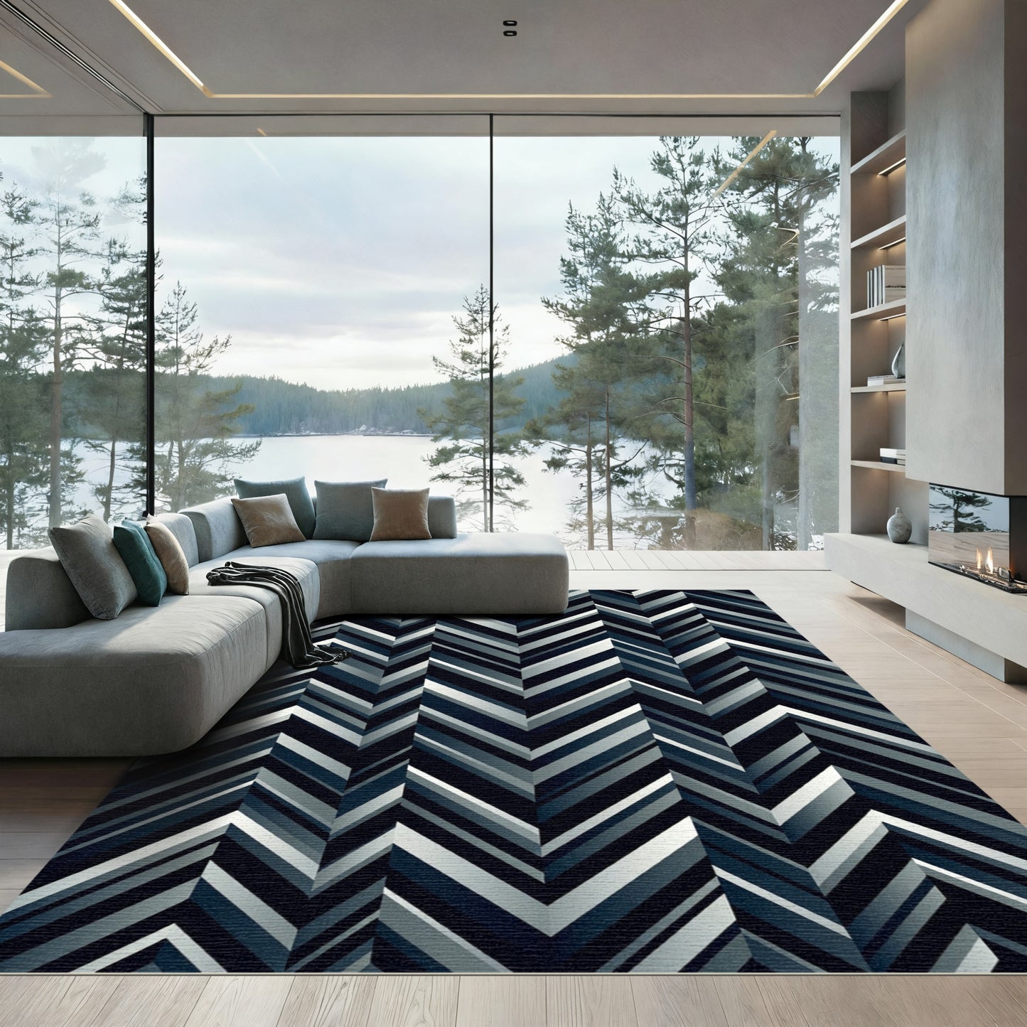 Deep Navy Geometric Chevron Stripes Rug