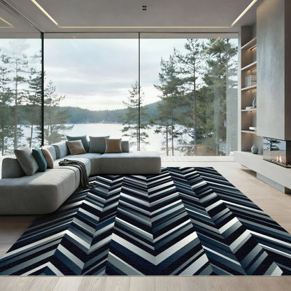 Deep Navy Geometric Chevron Stripes Rug