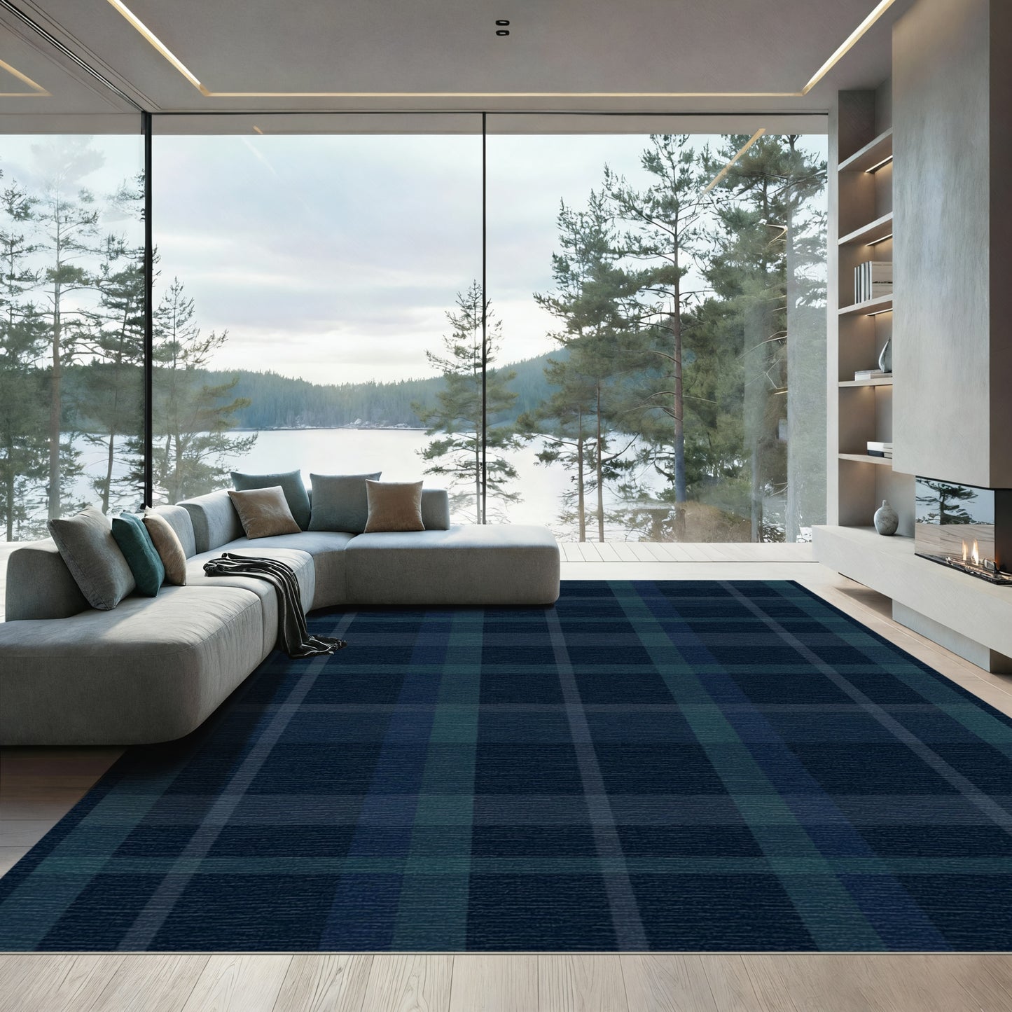 Dark Blue Plaid Grid Rug