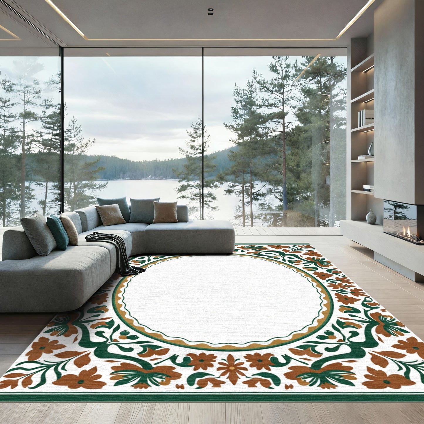 Terracotta Floral Vine Border Rug
