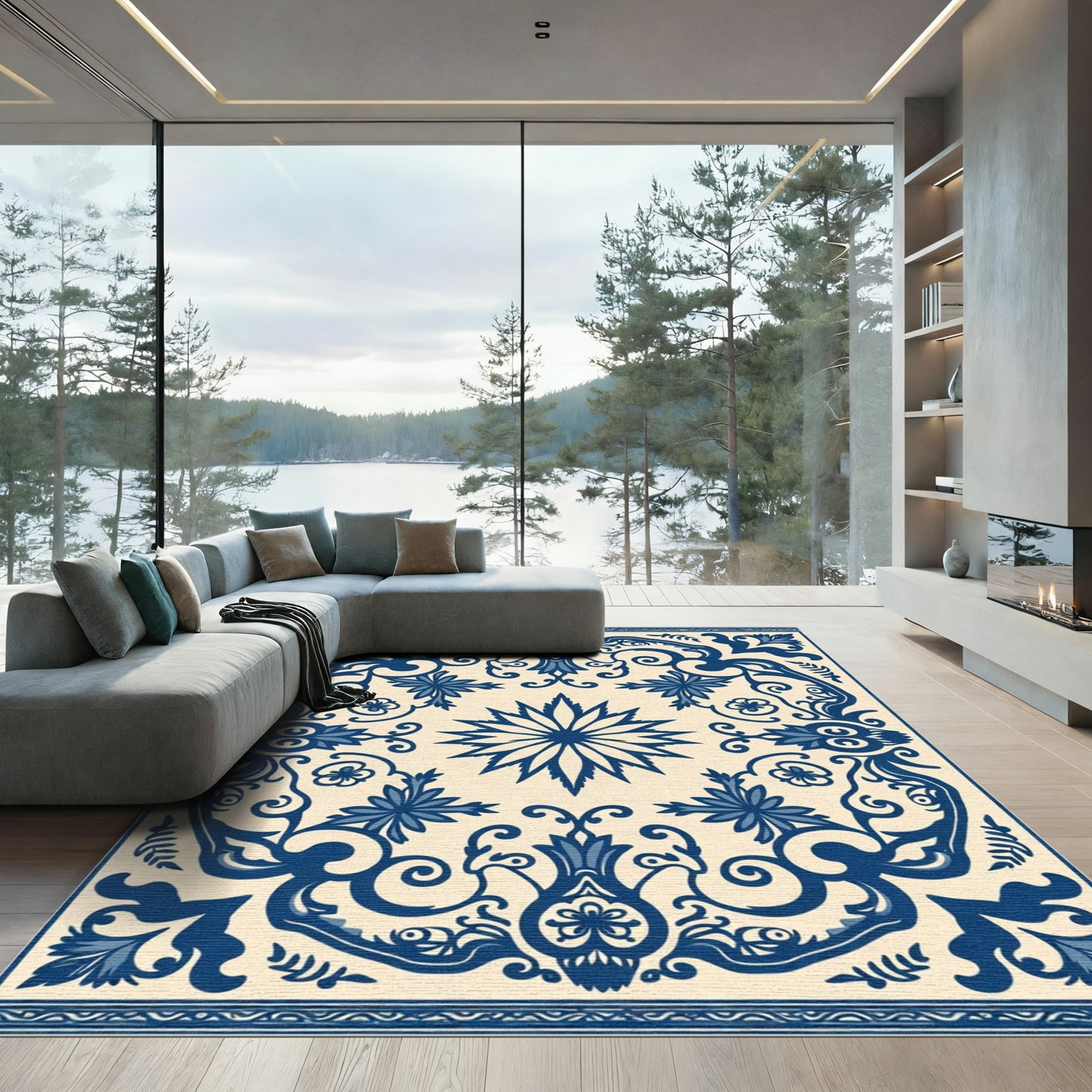 Blue Cream Floral Medallion Swirl Rug