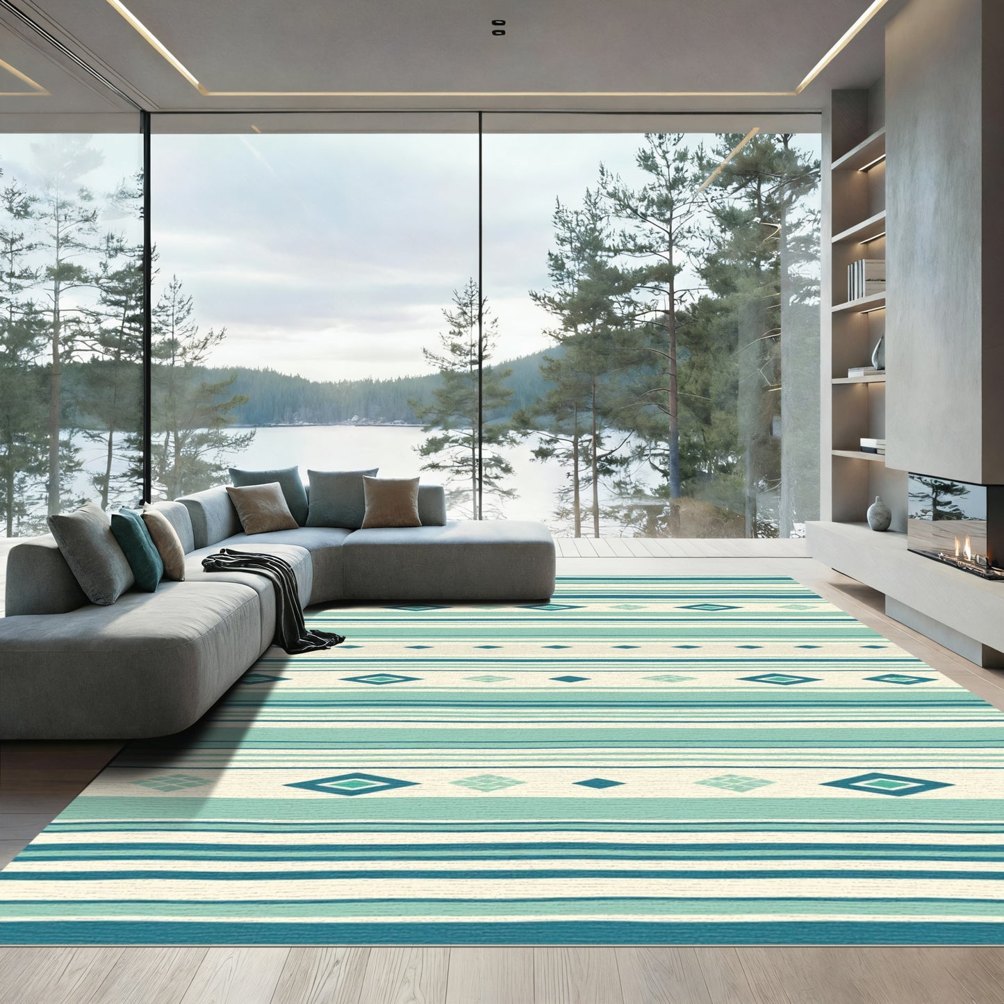 Teal And Cream Diamond Stripe Rug