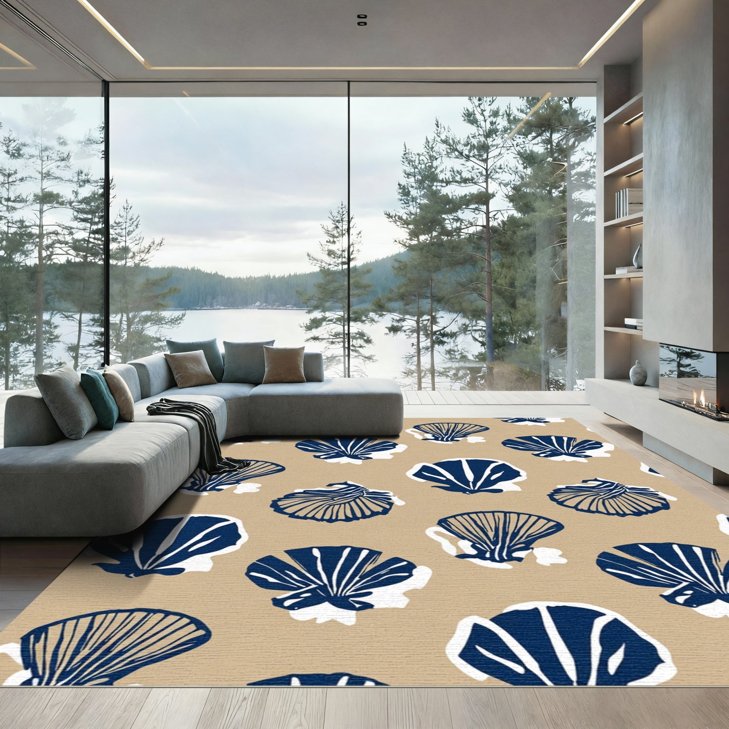 Navy Beige Scattered Seashell Accent Rug