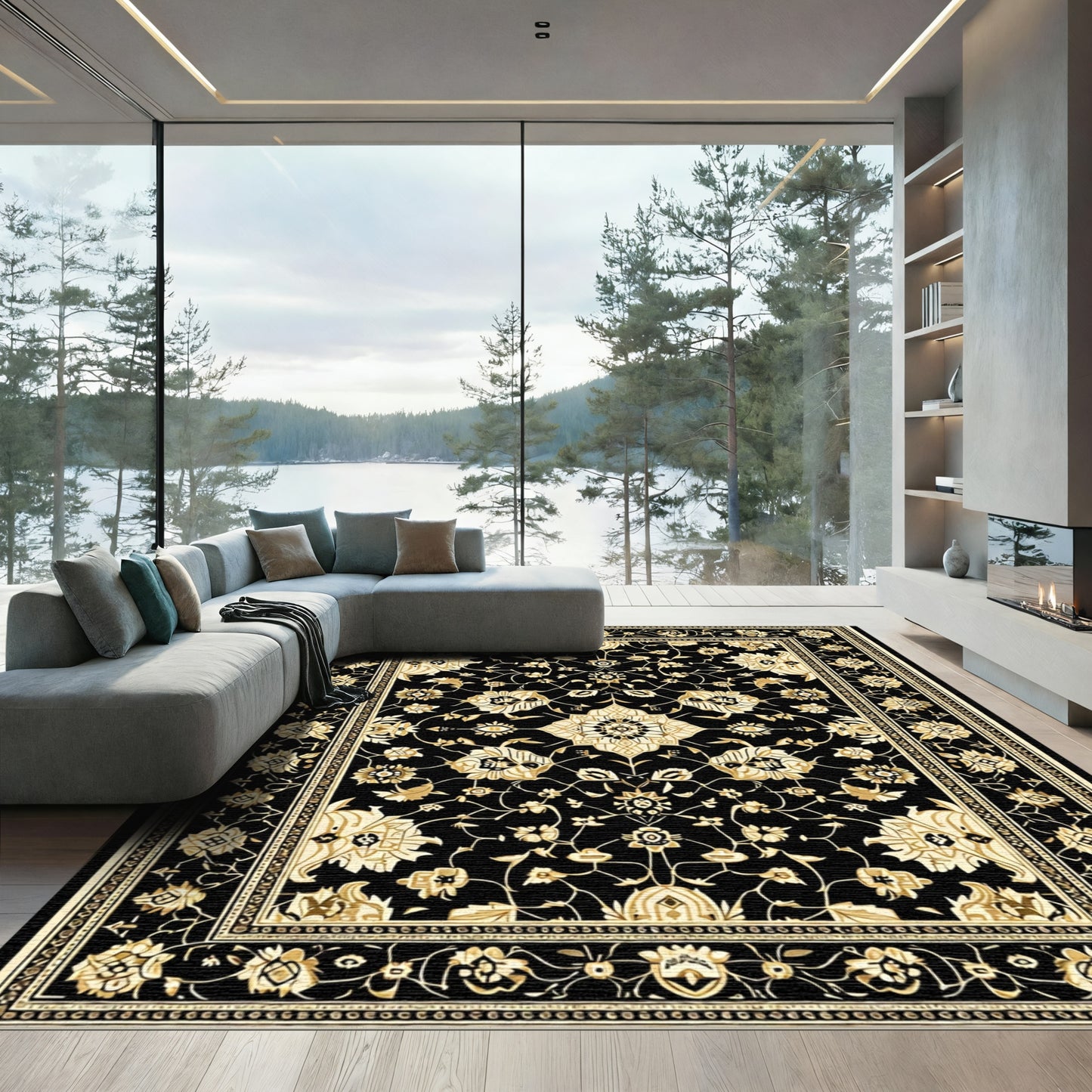 Black Gold Intricate Floral Medallion Rug