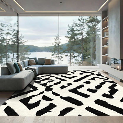 Modern Black White Geometric Labyrinth Rug