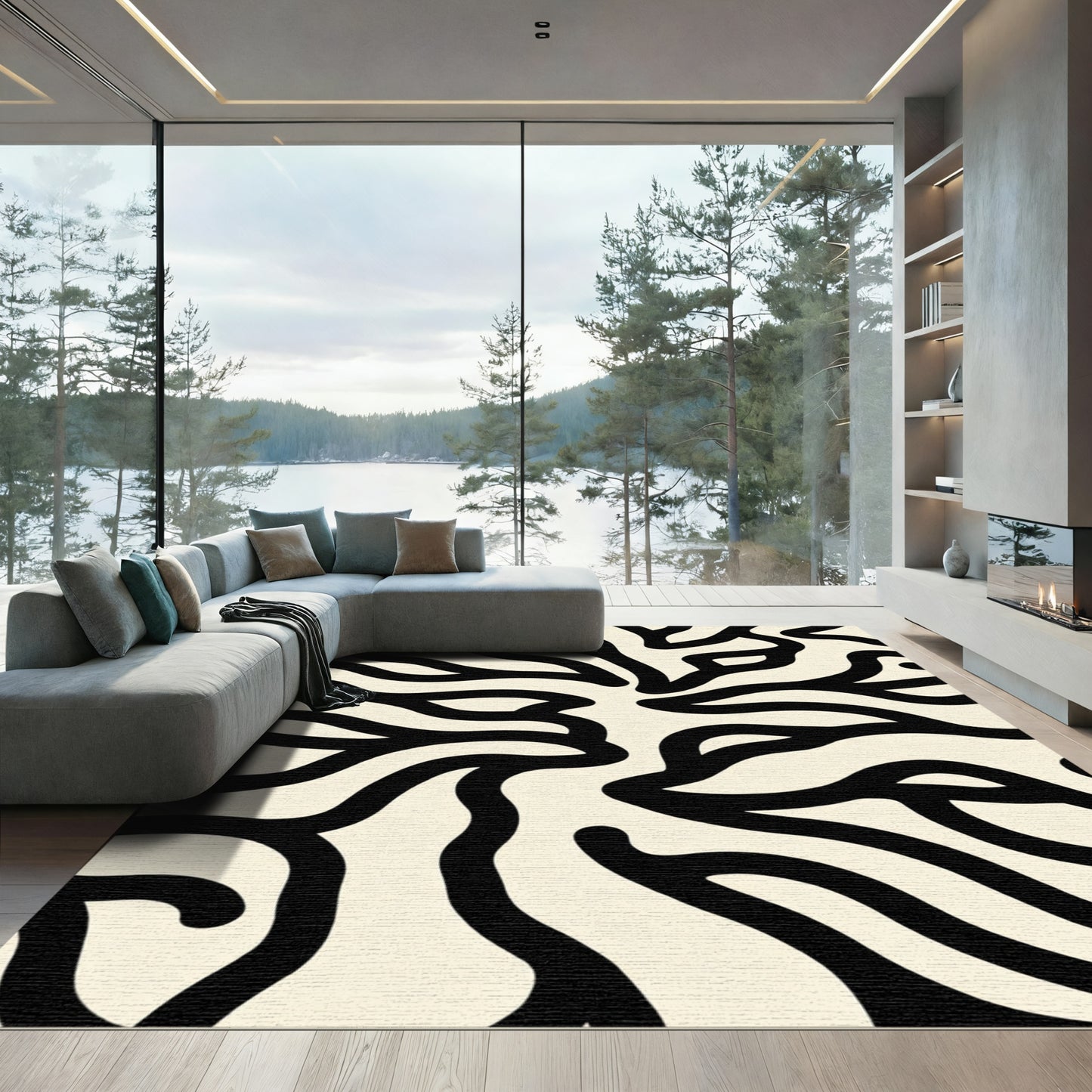 Cream Black Abstract Organic Swirl Rug