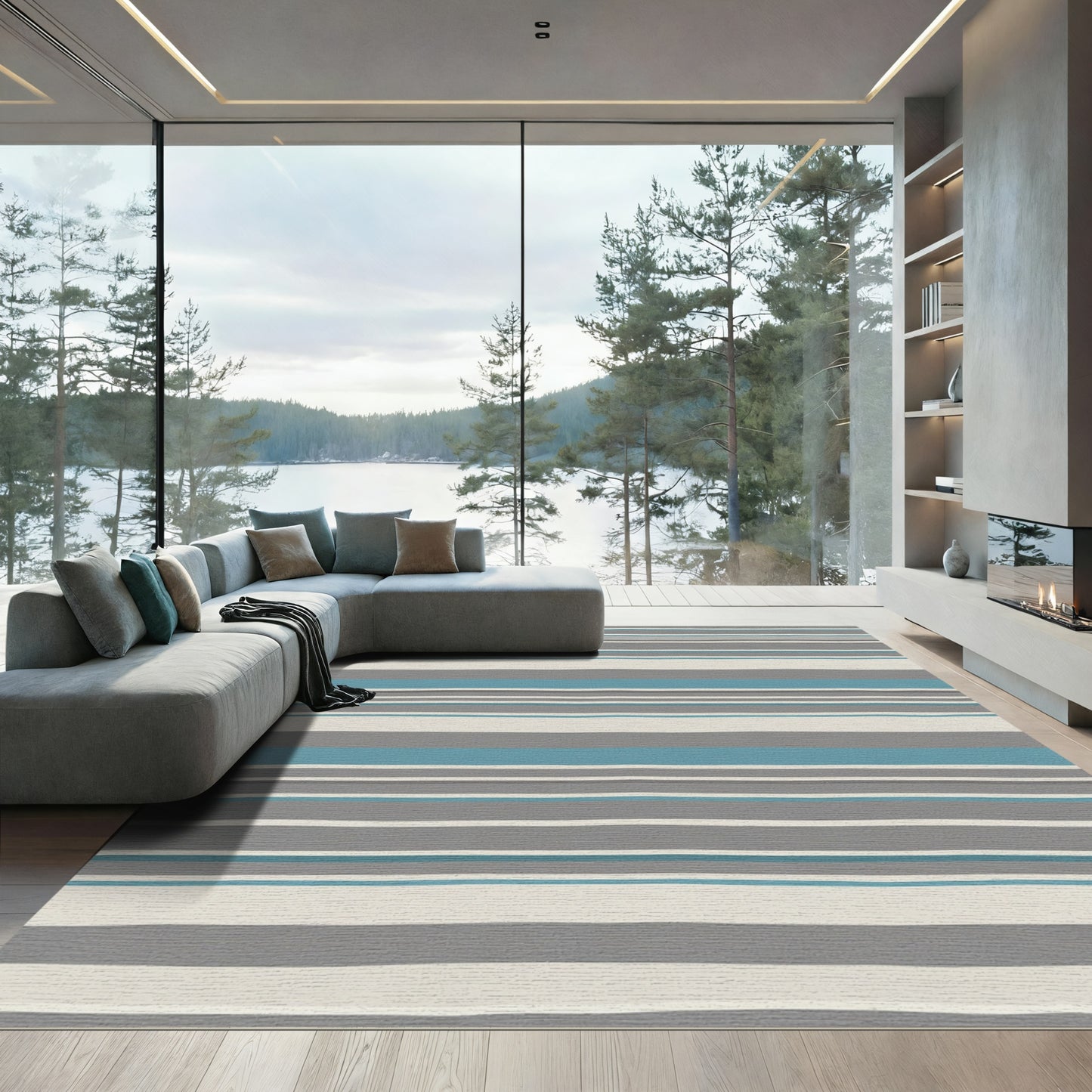 Coastal Gray Blue Stripe Contemporary Rug