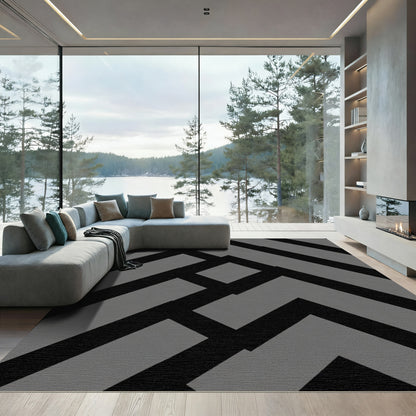 Modern Black Gray Geometric Maze Rug