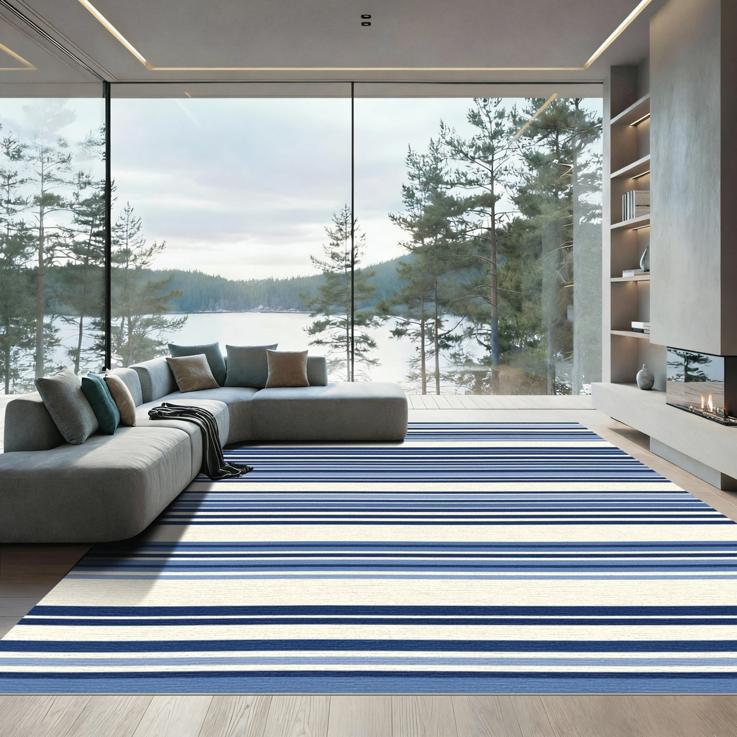 Classic Navy Blue Cream Striped Aura Rug