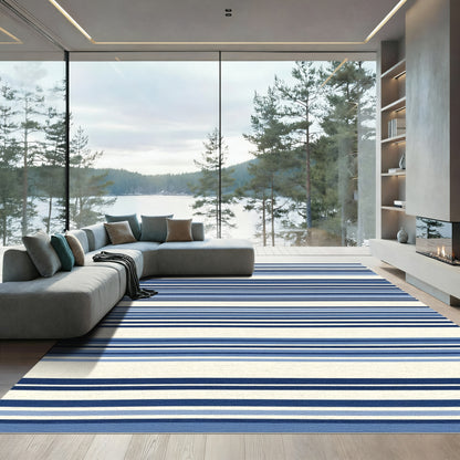 Classic Navy Blue Cream Striped Aura Rug