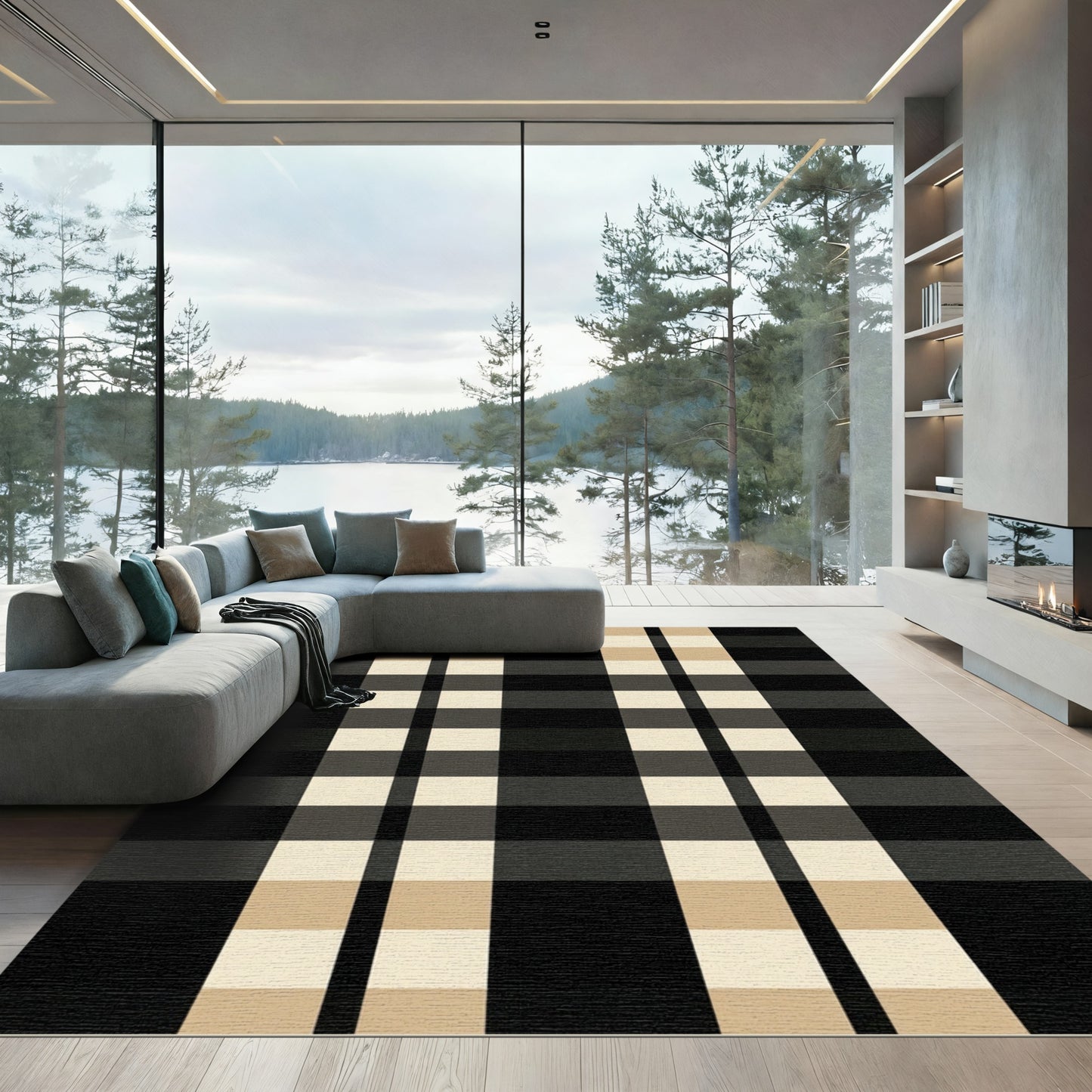 Classic Black Beige Plaid Blanket Rug