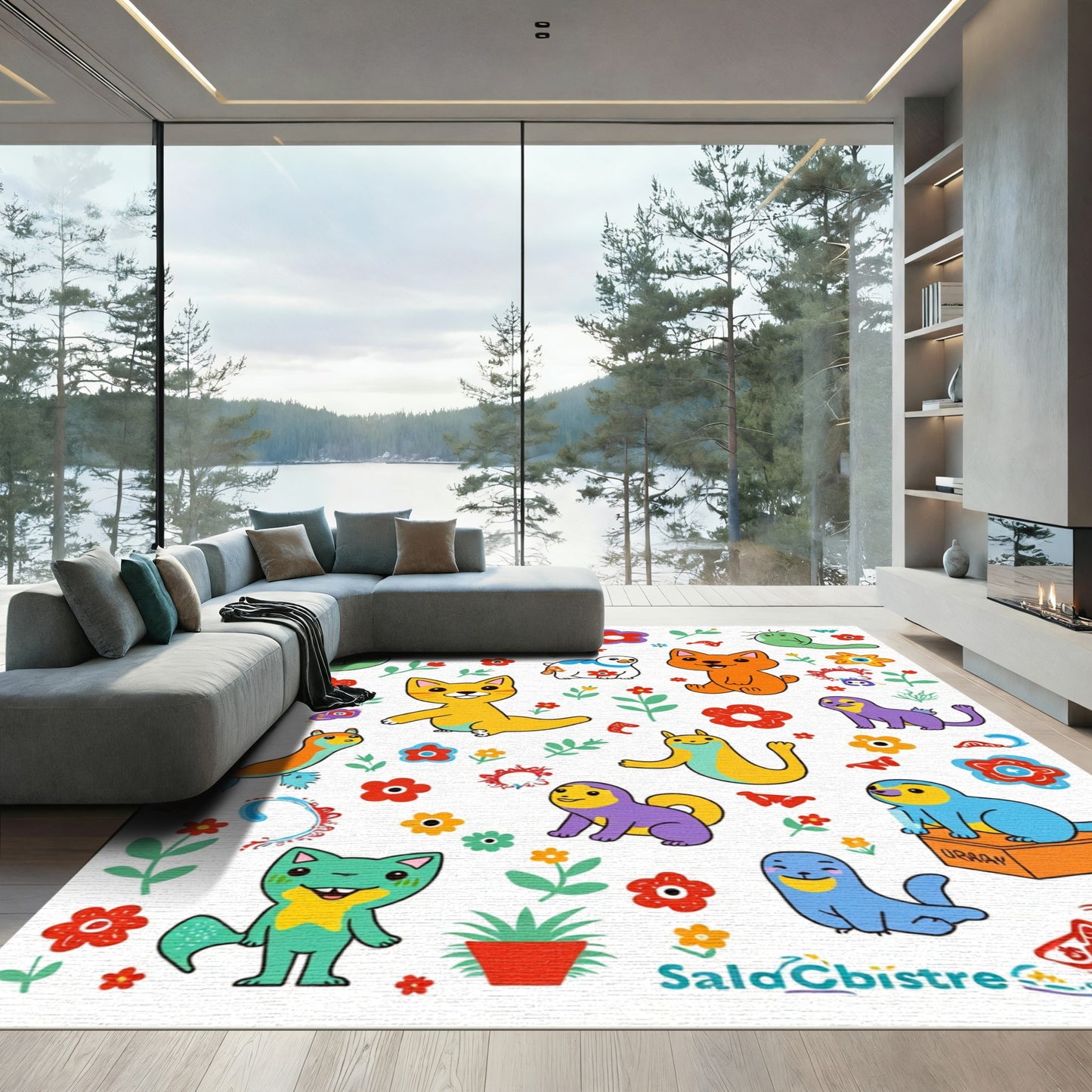 Playful Animals And Flowers Illustration Rug