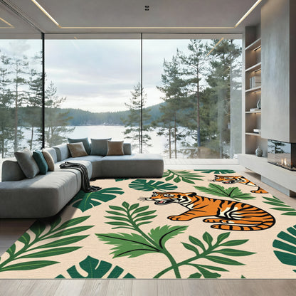 Bold Orange Tiger Tropical Leaves Rug