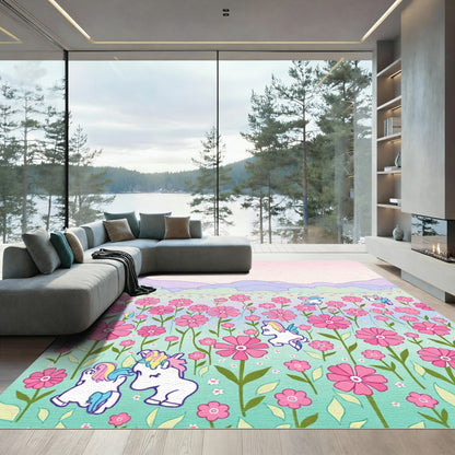 Whimsical Pink Unicorn Flower Meadow Rug