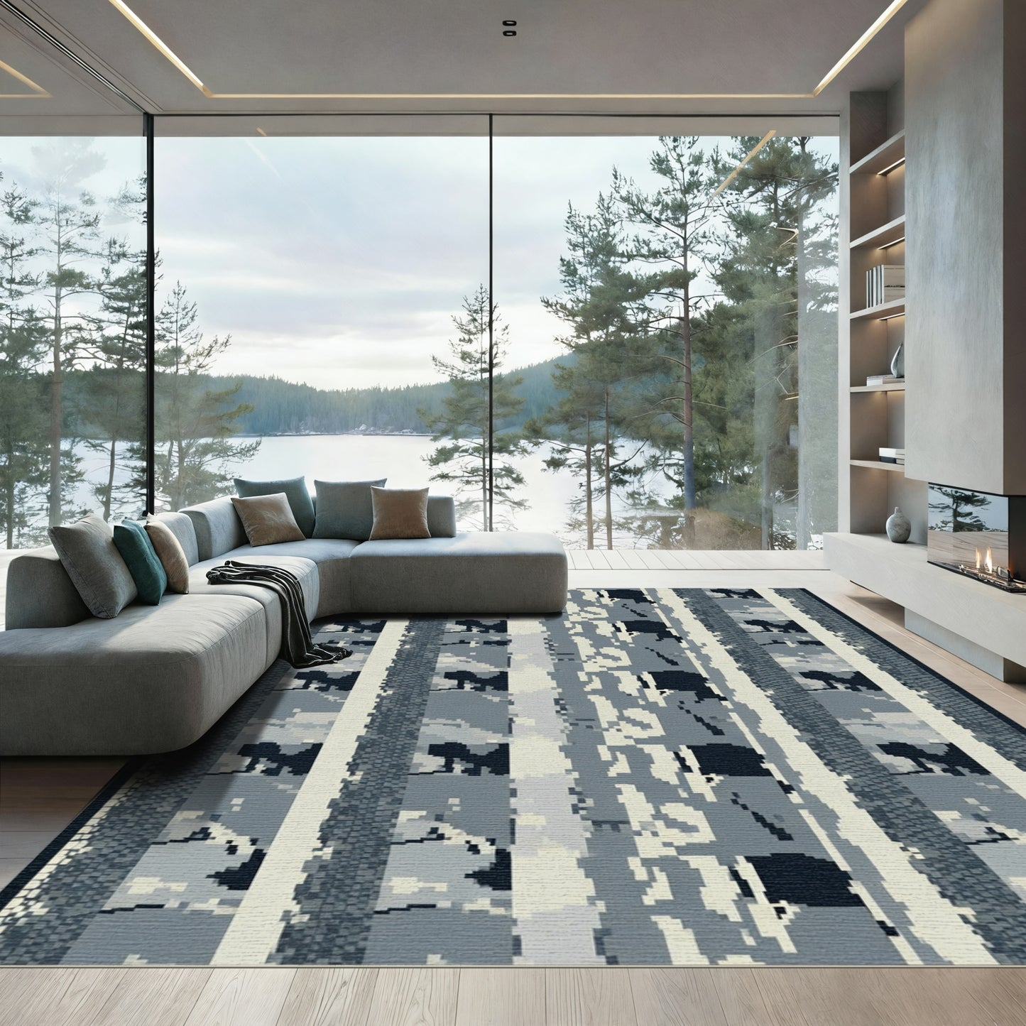 Pixelated Blue Gray Vertical Stripe Rug