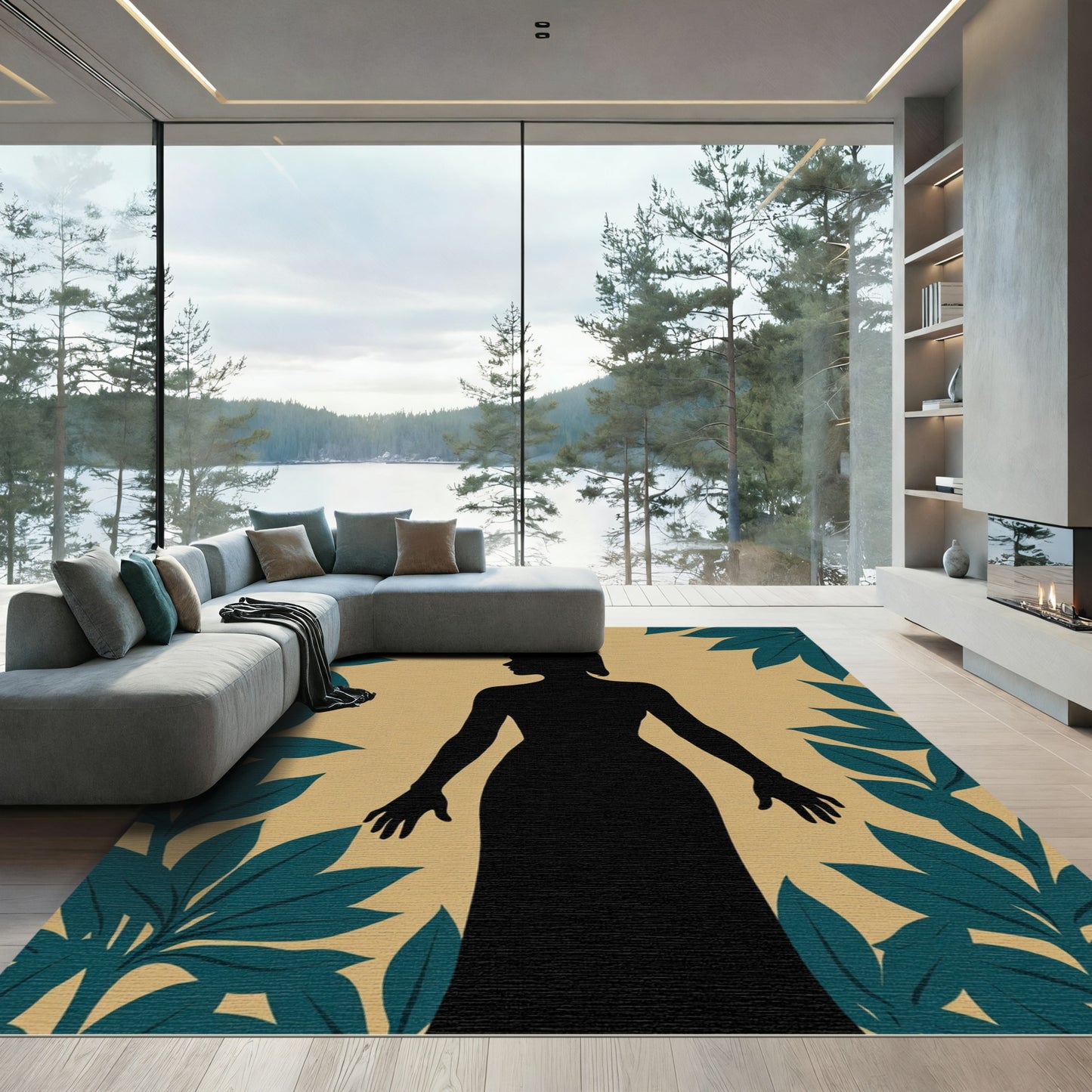 Black Figure Teal Leaf Framed Rug