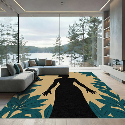 Black Figure Teal Leaf Framed Rug