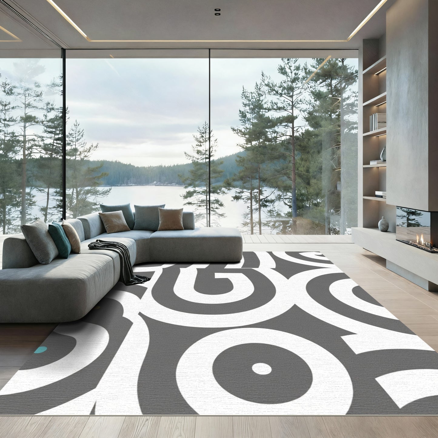Abstract White Spiral Gray Composition Rug