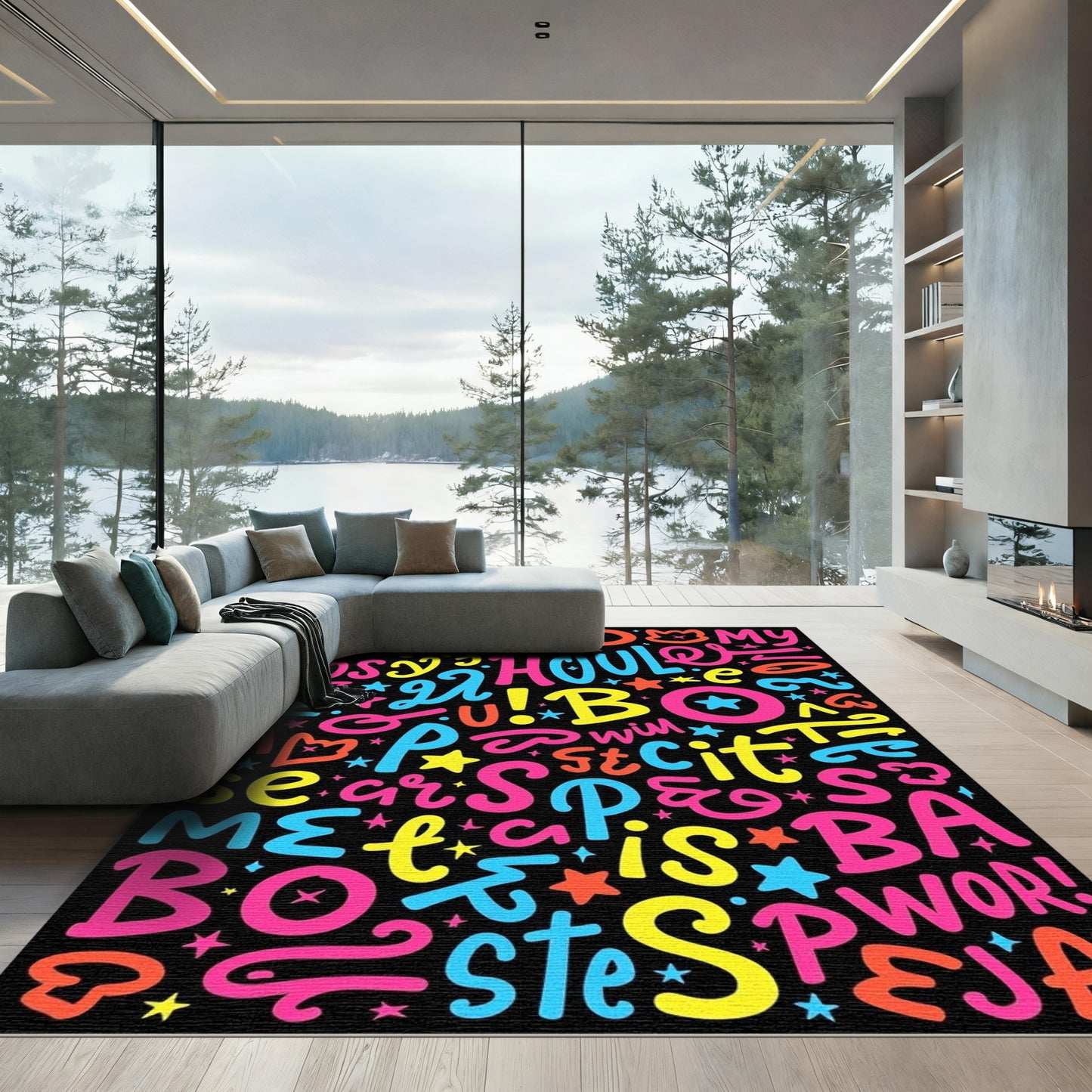 Vibrant Neon Typography Collage Rug