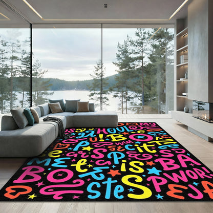 Vibrant Neon Typography Collage Rug
