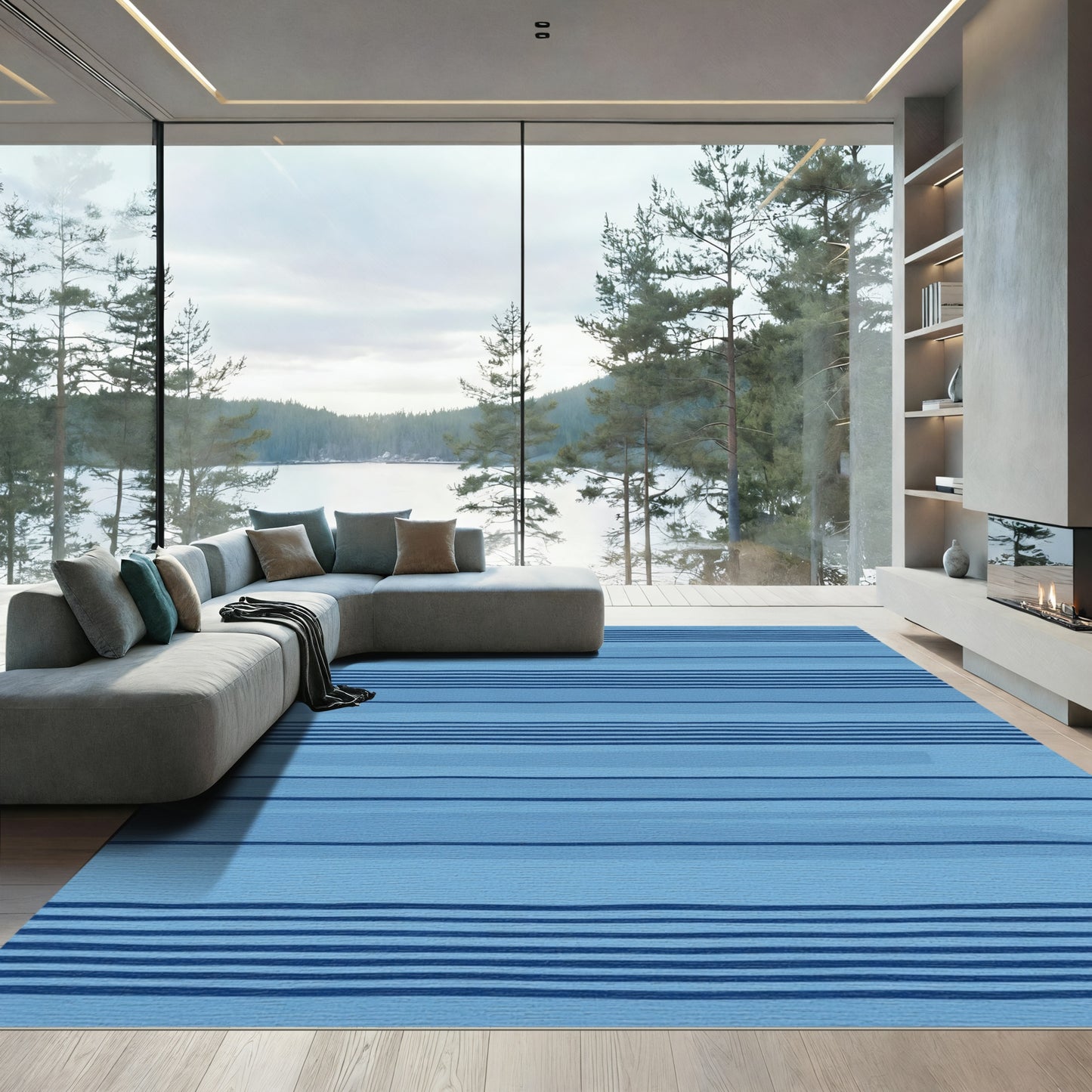 Modern Blue Striped Abstract Rug