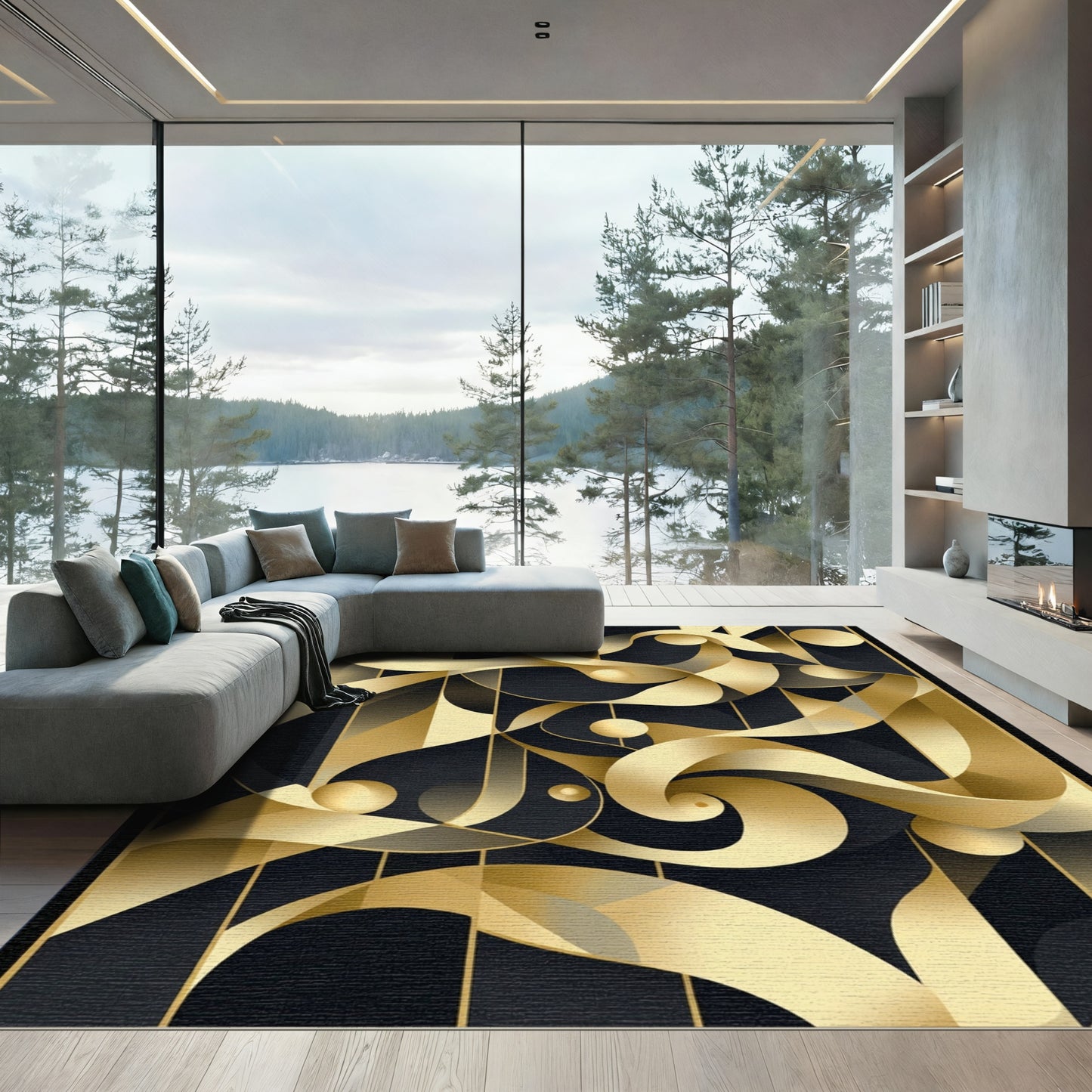Gilded Art Deco Swirl Abstract Rug