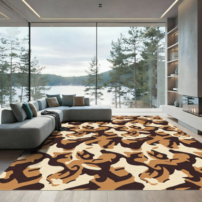 Brown Black and Cream Camouflage Abstract Rug