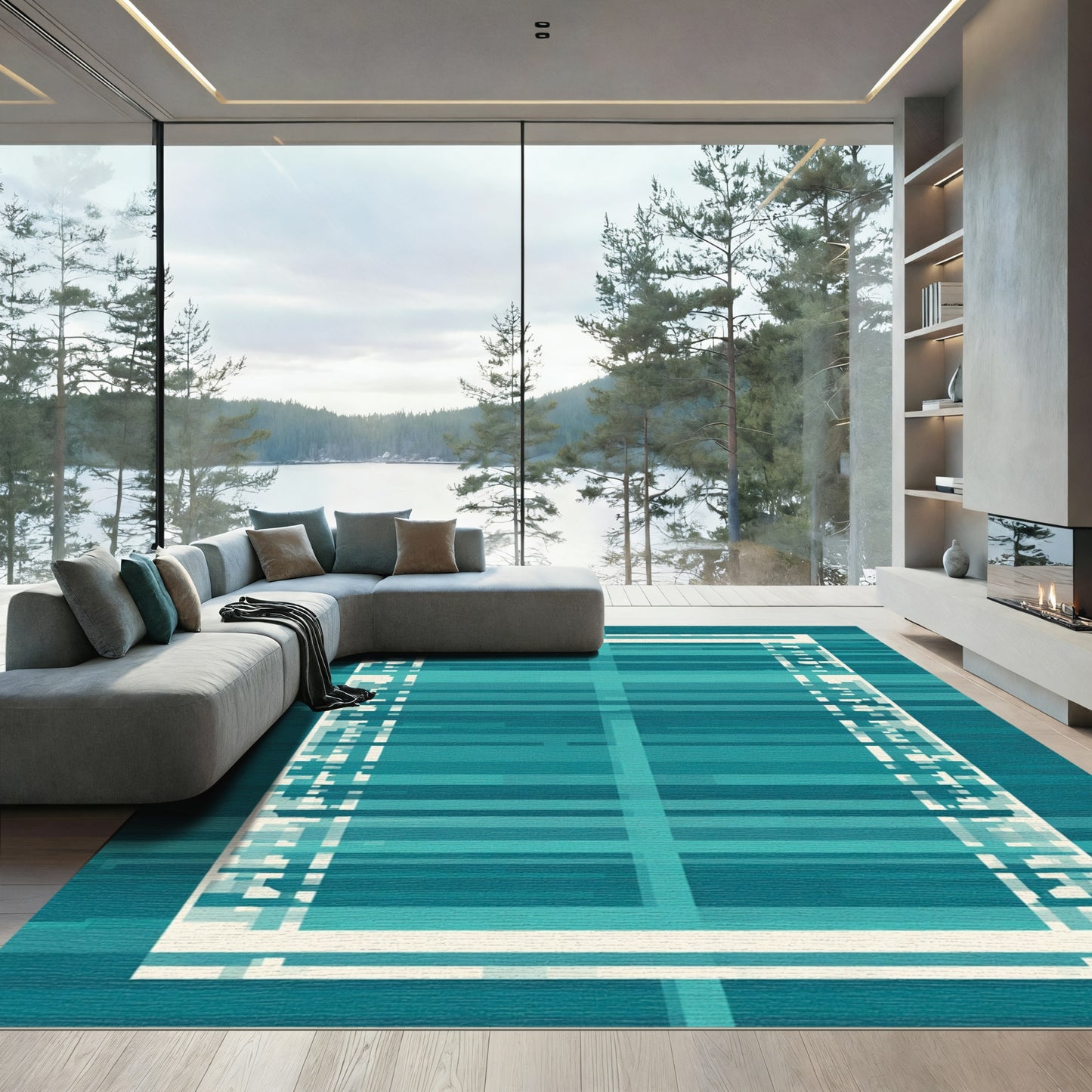Aqua Blue Horizontal Stripe Rectangular Rug
