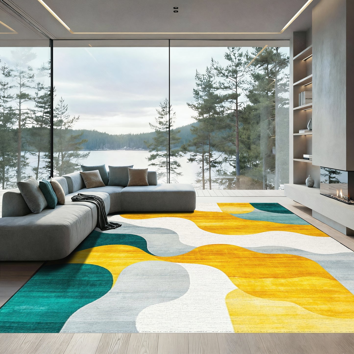 Teal Yellow Gray Wavy Organic Rug